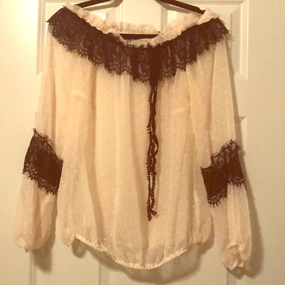 Off-shoulder Swiss dot and lace sheer blouse
